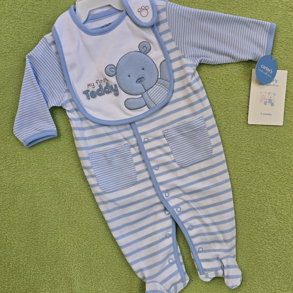 NWT 3-6M  FOOTIE & BIB SET  Blue & White Striped Baby BOYS  MY FIRST TEDDY (Q5)